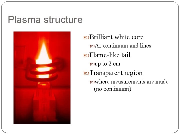 Plasma structure Brilliant white core Ar continuum and lines Flame-like tail up to 2