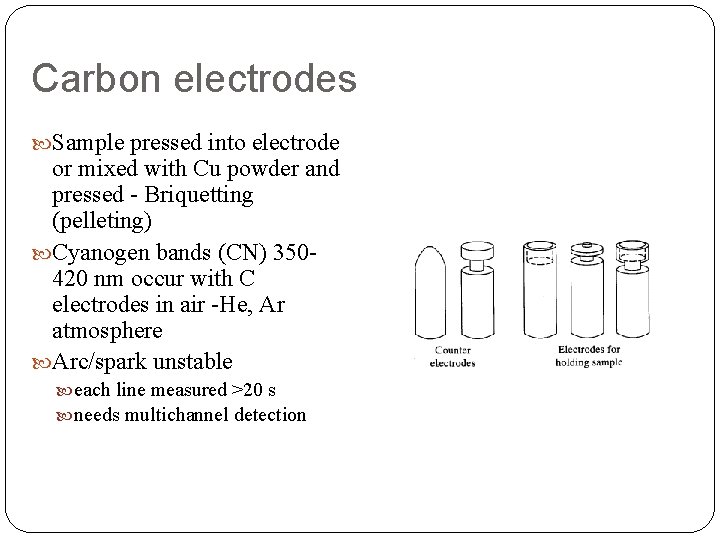 Carbon electrodes Sample pressed into electrode or mixed with Cu powder and pressed -