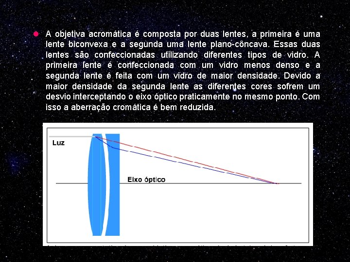 l A objetiva acromática é composta por duas lentes, a primeira é uma lente