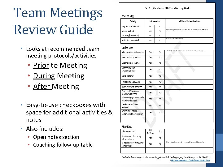 Team Meetings Review Guide • Looks at recommended team meeting protocols/activities • Prior to