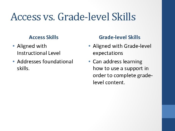 Access vs. Grade-level Skills Access Skills Grade-level Skills • Aligned with Instructional Level •