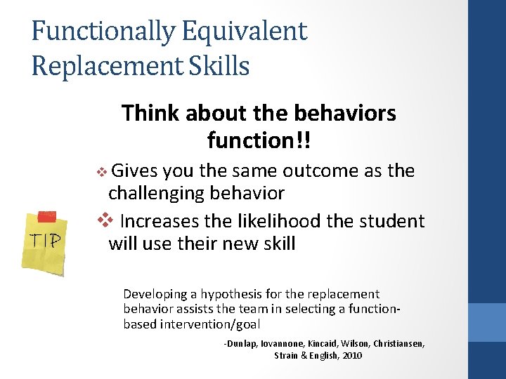 Functionally Equivalent Replacement Skills Think about the behaviors function!! v Gives you the same