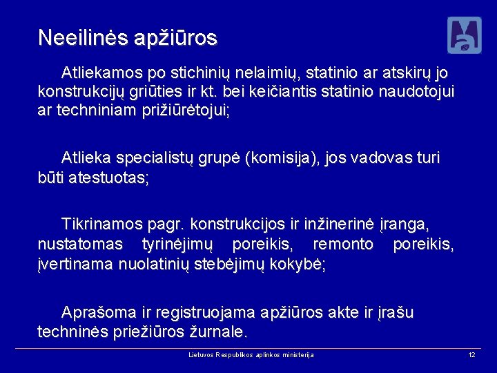 Neeilinės apžiūros Atliekamos po stichinių nelaimių, statinio ar atskirų jo konstrukcijų griūties ir kt.