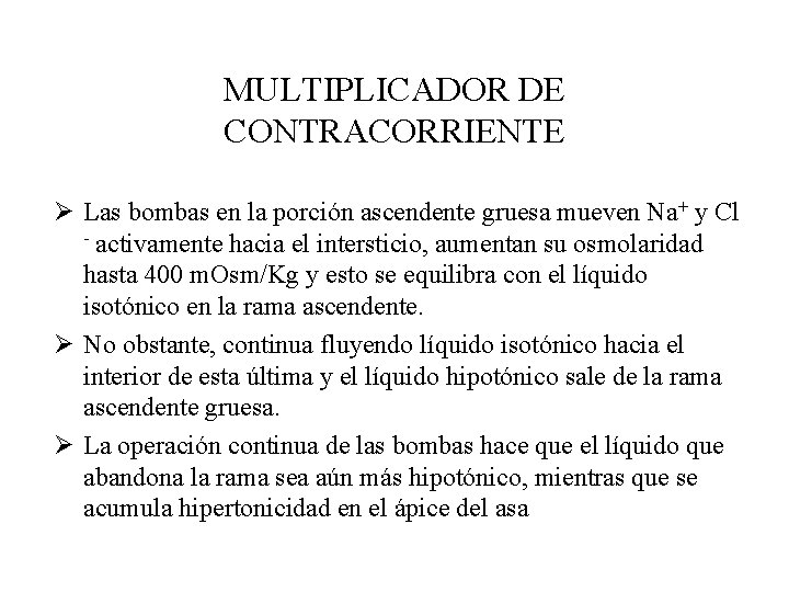 MULTIPLICADOR DE CONTRACORRIENTE Ø Las bombas en la porción ascendente gruesa mueven Na+ y