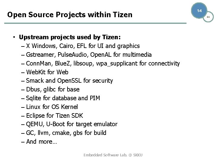 Open Source Projects within Tizen • Upstream projects used by Tizen: – X Windows,