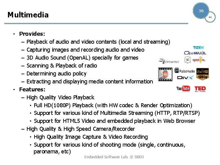 36 Multimedia 44 • Provides: – Playback of audio and video contents (local and