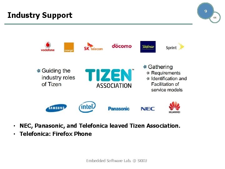 9 Industry Support 44 • NEC, Panasonic, and Telefonica leaved Tizen Association. • Telefonica: