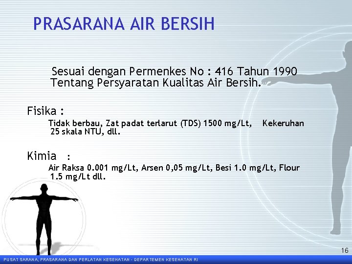 PRASARANA AIR BERSIH Sesuai dengan Permenkes No : 416 Tahun 1990 Tentang Persyaratan Kualitas