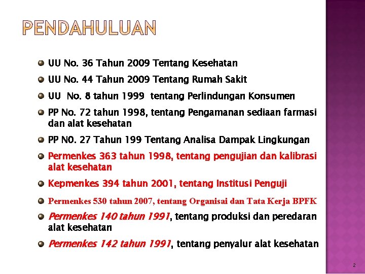 UU No. 36 Tahun 2009 Tentang Kesehatan UU No. 44 Tahun 2009 Tentang Rumah