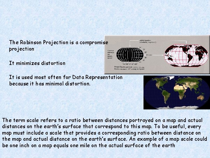 The Robinson Projection is a compromise projection It minimizes distortion It is used most