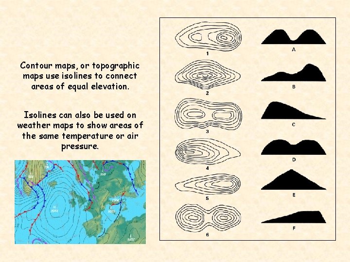 Contour maps, or topographic maps use isolines to connect areas of equal elevation. Isolines