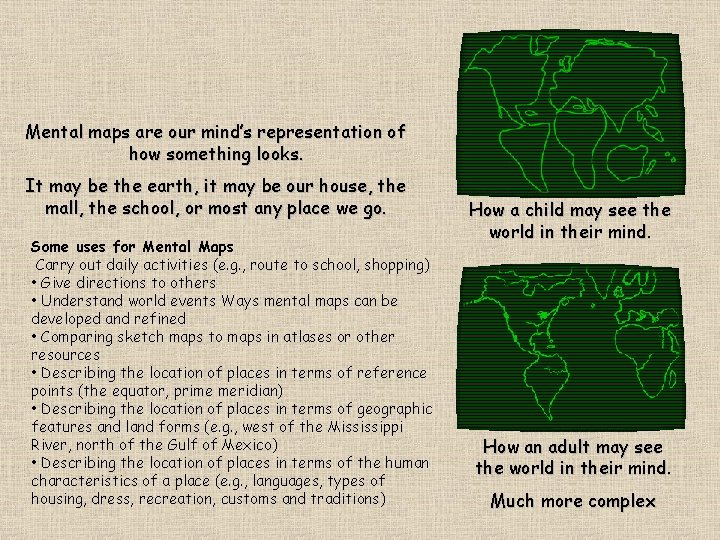 Mental maps are our mind’s representation of how something looks. It may be the