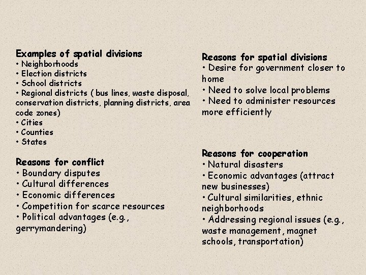 Examples of spatial divisions • Neighborhoods • Election districts • School districts • Regional