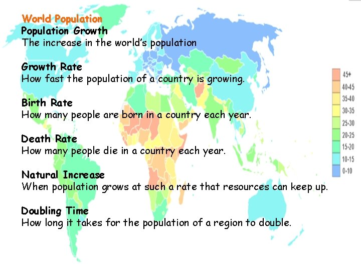 World Population Growth The increase in the world’s population Growth Rate How fast the