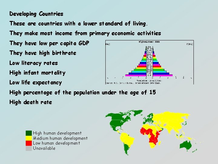 Developing Countries These are countries with a lower standard of living. They make most