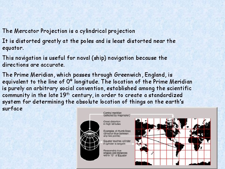 The Mercator Projection is a cylindrical projection It is distorted greatly at the poles