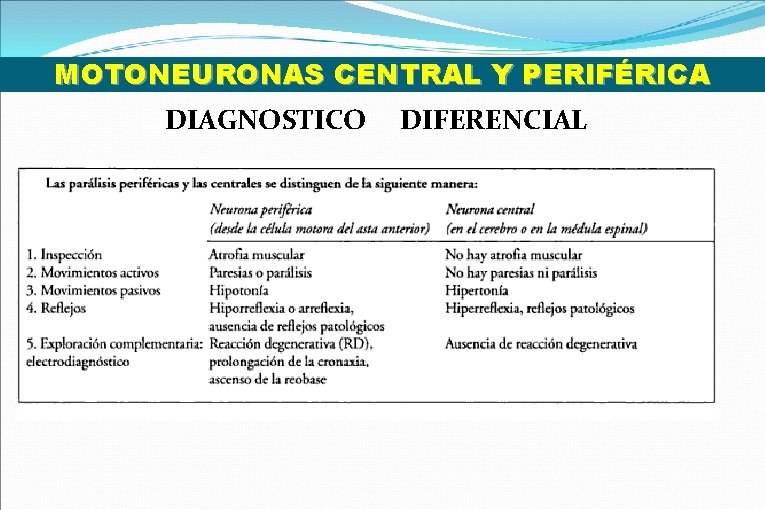 MOTONEURONAS CENTRAL Y PERIFÉRICA q. DIAGNOSTICO DIFERENCIAL 