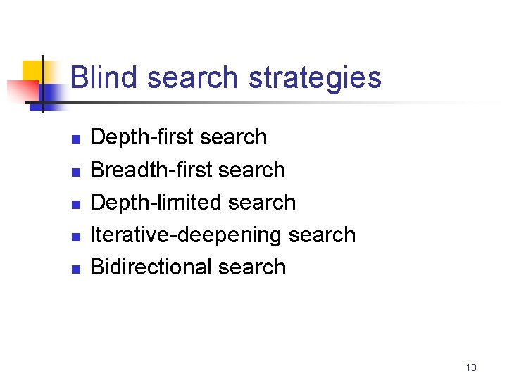 Blind search strategies n n n Depth-first search Breadth-first search Depth-limited search Iterative-deepening search