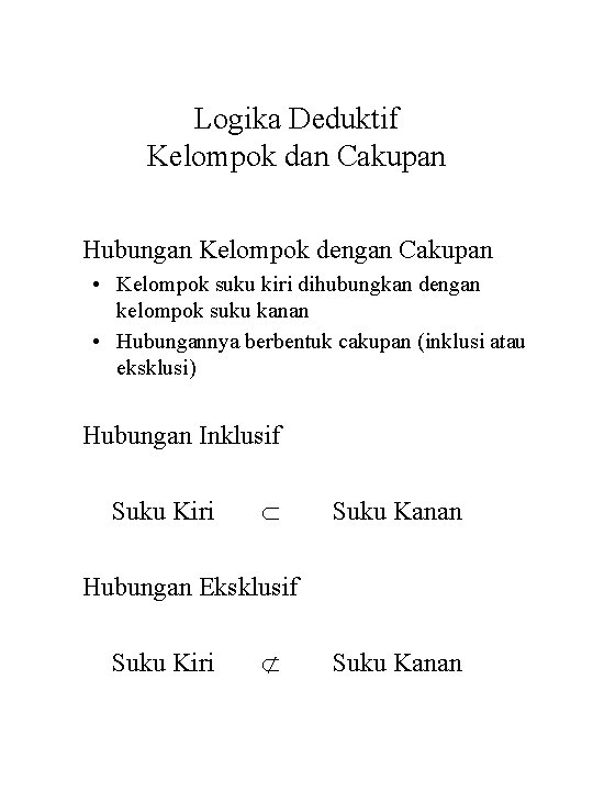 Logika Deduktif Kelompok dan Cakupan Hubungan Kelompok dengan Cakupan • Kelompok suku kiri dihubungkan