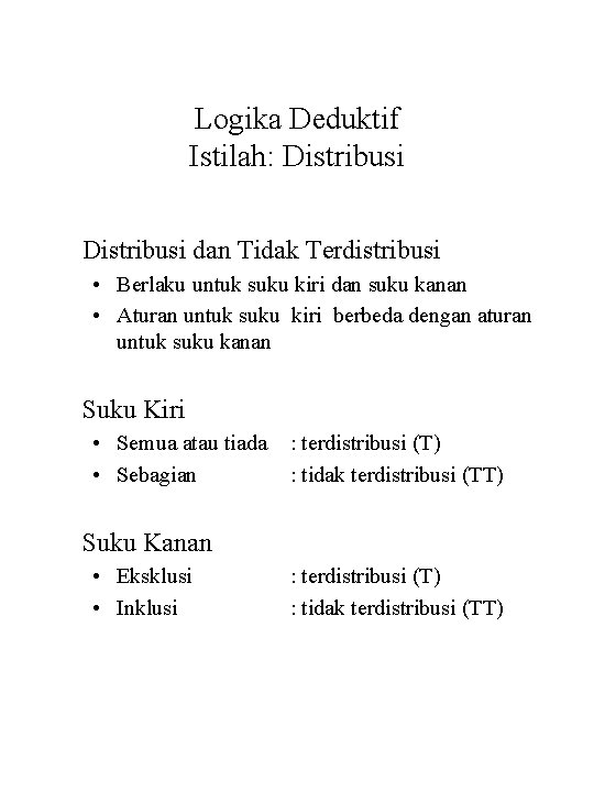 Logika Deduktif Istilah: Distribusi dan Tidak Terdistribusi • Berlaku untuk suku kiri dan suku