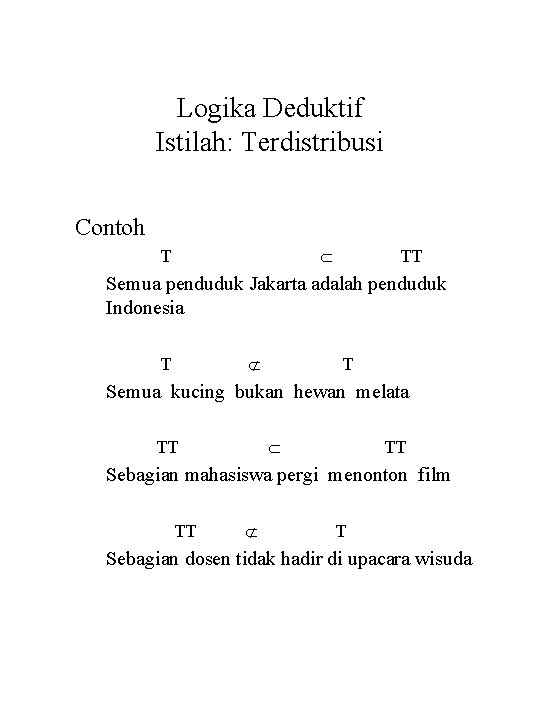 Logika Deduktif Istilah: Terdistribusi Contoh T TT Semua penduduk Jakarta adalah penduduk Indonesia T