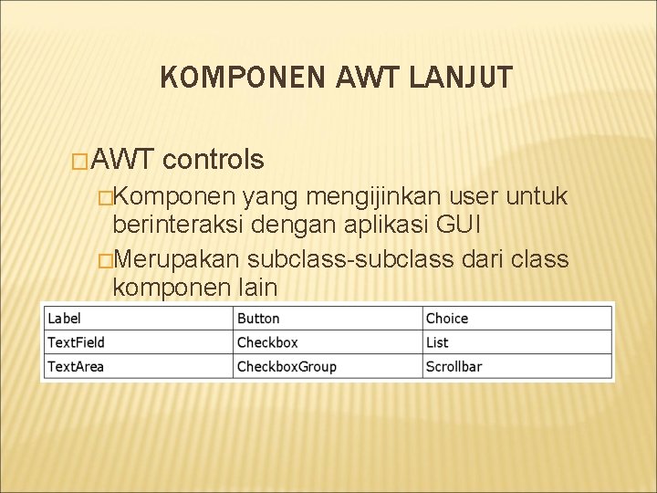KOMPONEN AWT LANJUT �AWT controls �Komponen yang mengijinkan user untuk berinteraksi dengan aplikasi GUI