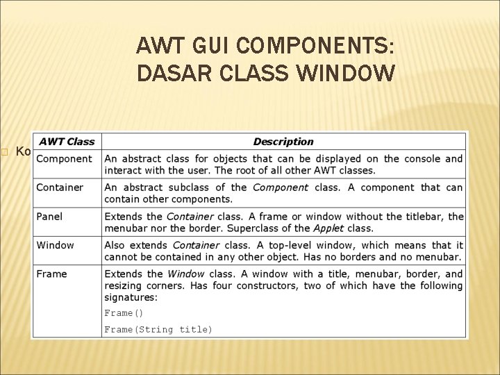 � AWT GUI COMPONENTS: DASAR CLASS WINDOW Komponen GUI seperti buttons dan text fields