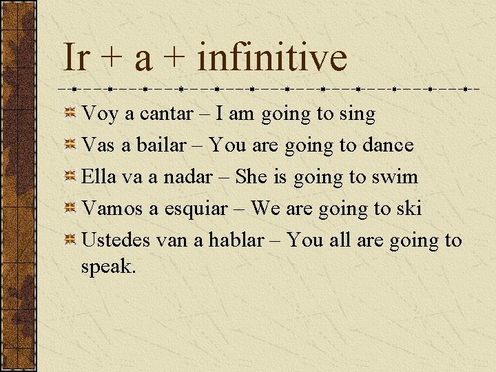Ir + a + infinitive Voy a cantar – I am going to sing