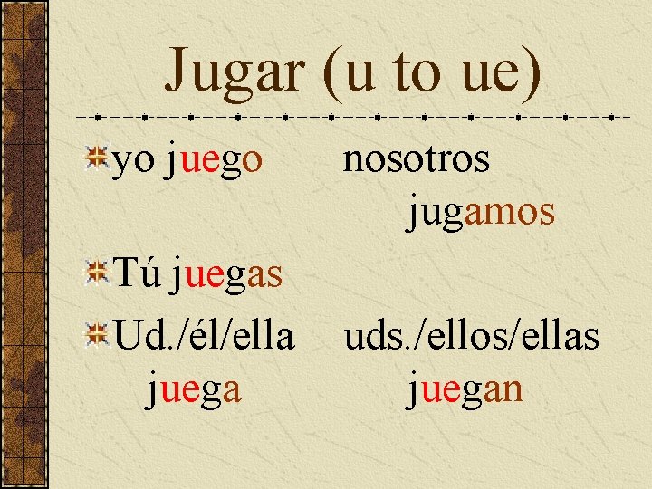 Jugar (u to ue) yo juego Tú juegas Ud. /él/ella juega nosotros jugamos uds.