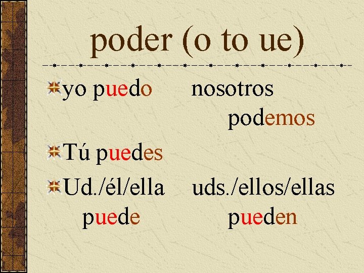 poder (o to ue) yo puedo Tú puedes Ud. /él/ella puede nosotros podemos uds.