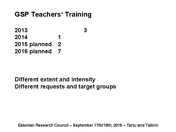 GSP Teachers‘ Training 2013 2014 2015 planned 2016 planned 3 1 2 7 Different