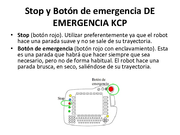 Stop y Botón de emergencia DE EMERGENCIA KCP • Stop (botón rojo). Utilizar preferentemente