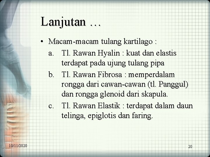 Lanjutan … • Macam-macam tulang kartilago : a. Tl. Rawan Hyalin : kuat dan