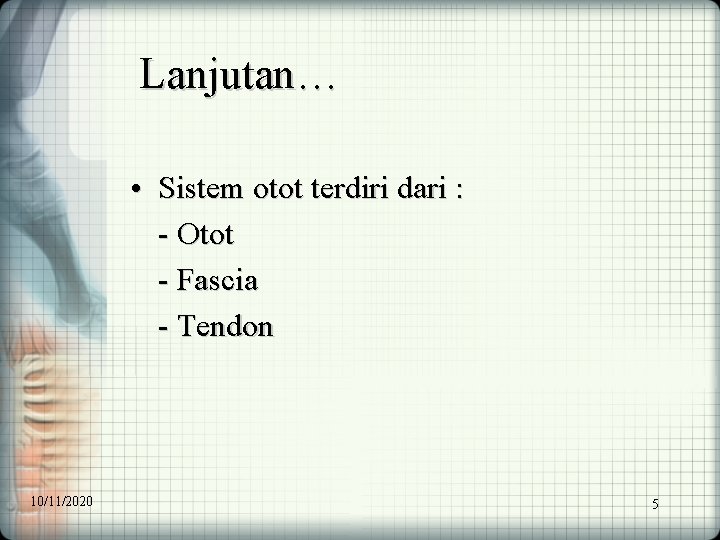 Lanjutan… • Sistem otot terdiri dari : - Otot - Fascia - Tendon 10/11/2020