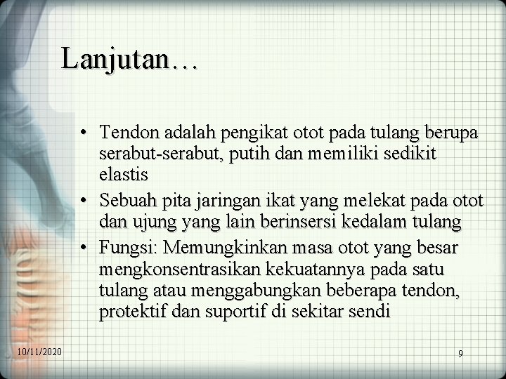 Lanjutan… • Tendon adalah pengikat otot pada tulang berupa serabut-serabut, putih dan memiliki sedikit