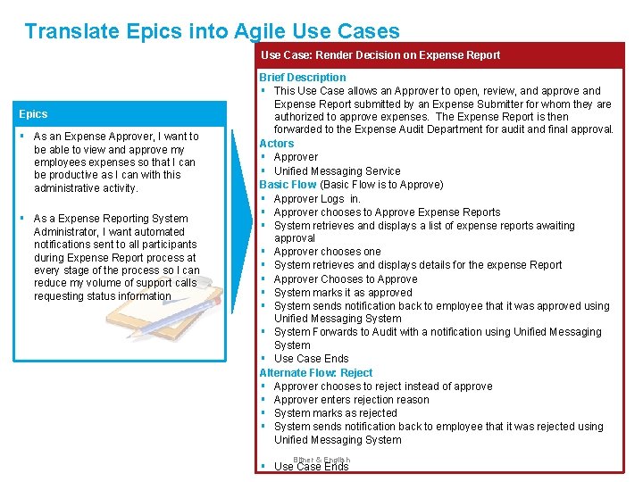 Translate Epics into Agile Use Cases Use Case: Render Decision on Expense Report Epics