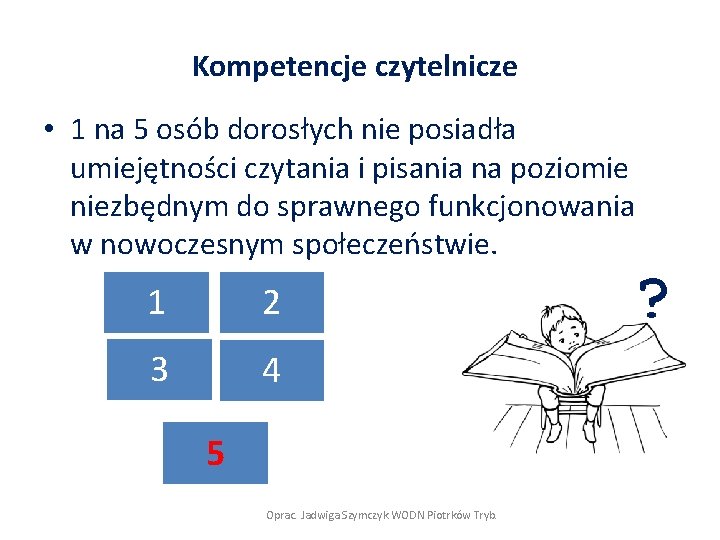 Kompetencje czytelnicze • 1 na 5 osób dorosłych nie posiadła umiejętności czytania i pisania