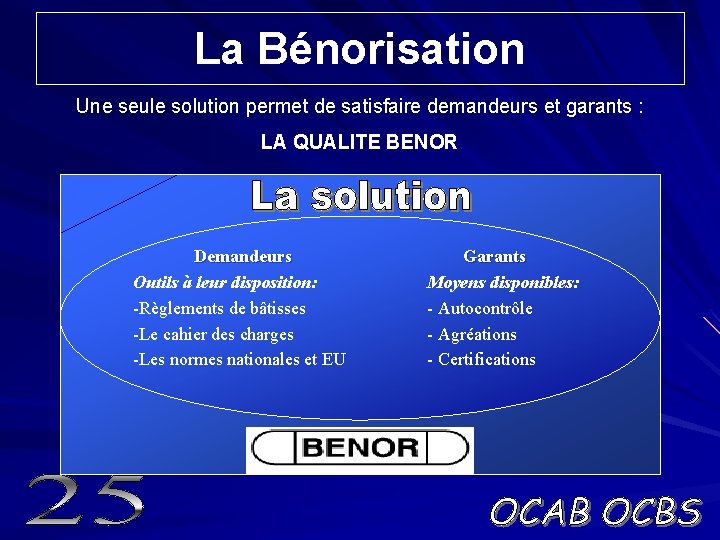 La Bénorisation Une seule solution permet de satisfaire demandeurs et garants : LA QUALITE