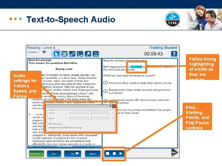 Text-to-Speech Audio settings for Volume, Speed, and Follow Along highlighting of words as they