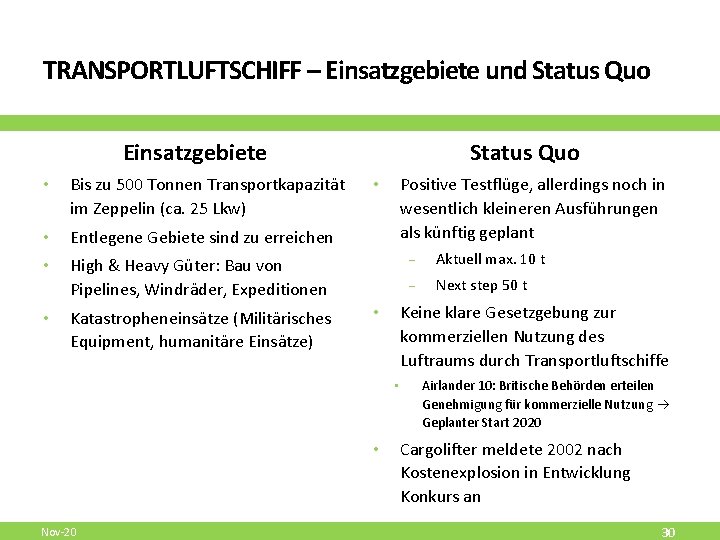 TRANSPORTLUFTSCHIFF – Einsatzgebiete und Status Quo Einsatzgebiete • Bis zu 500 Tonnen Transportkapazität im