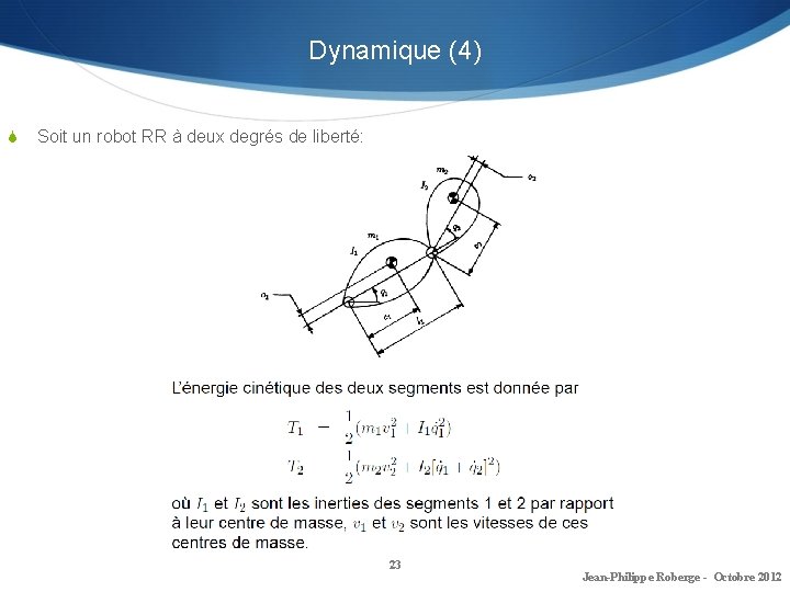 Dynamique (4) S Soit un robot RR à deux degrés de liberté: 23 Jean-Philippe