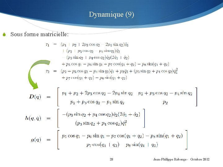 Dynamique (9) S Sous forme matricielle: 28 Jean-Philippe Roberge - Octobre 2012 