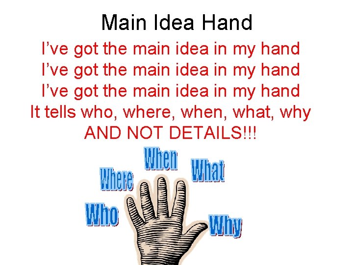 Main Idea Hand I’ve got the main idea in my hand It tells who,