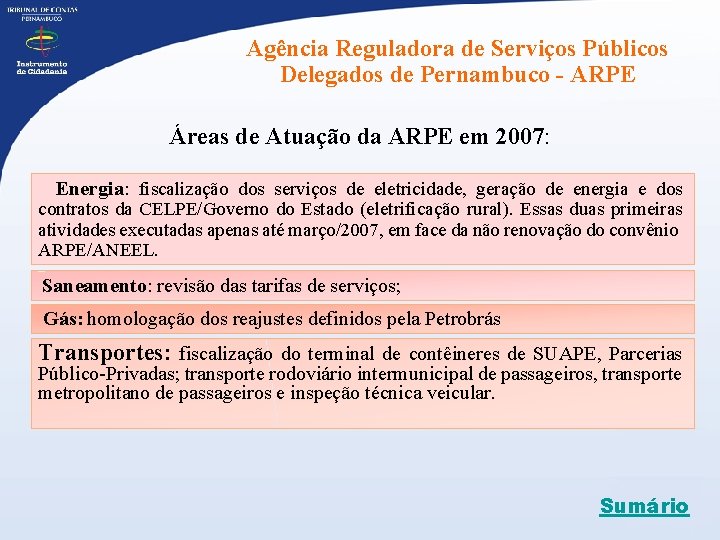 Agência Reguladora de Serviços Públicos Delegados de Pernambuco - ARPE Áreas de Atuação da