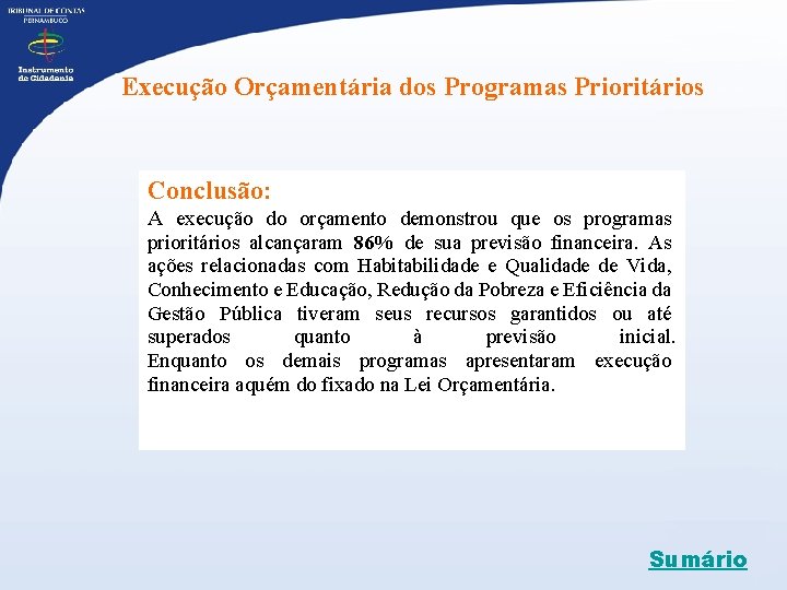 Execução Orçamentária dos Programas Prioritários Conclusão: A execução do orçamento demonstrou que os programas