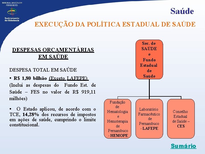 Saúde EXECUÇÃO DA POLÍTICA ESTADUAL DE SAÚDE Sec. de SAÚDE e Fundo Estadual de