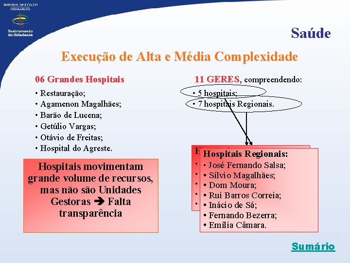 Saúde Execução de Alta e Média Complexidade 06 Grandes Hospitais 11 GERES, compreendendo: •