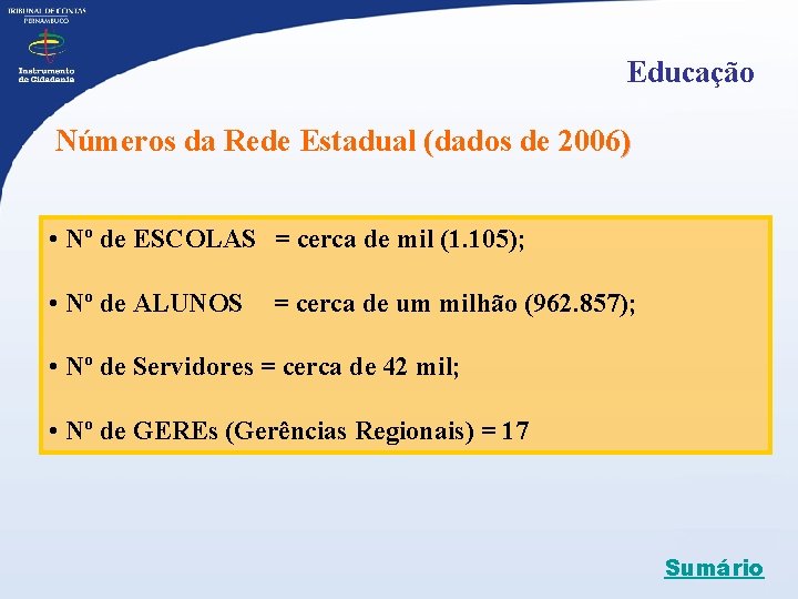 Educação Números da Rede Estadual (dados de 2006) • Nº de ESCOLAS = cerca