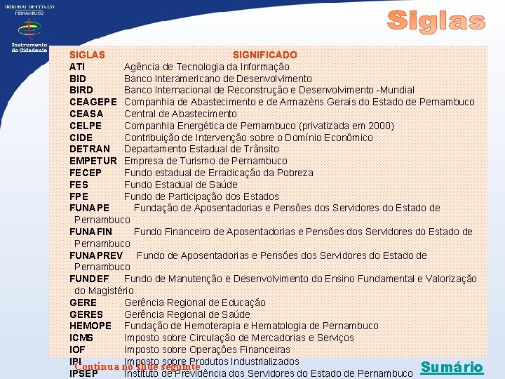 SIGLAS SIGNIFICADO ATI Agência de Tecnologia da Informação BID Banco Interamericano de Desenvolvimento BIRD