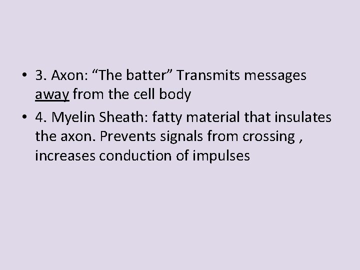  • 3. Axon: “The batter” Transmits messages away from the cell body •